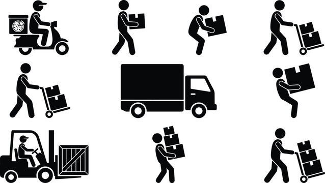 Logistics delivery service stick figure icons set with truck forklift scooter box courier shipping cargo vector illustration