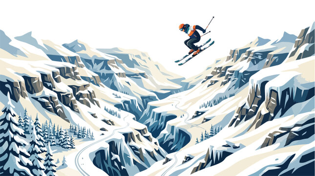 A daring skier performing an aerial jump over a deep mountain gorge.