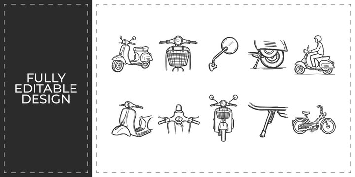 Modern motorcycle and motor scooter hand drawn vector icons set with various bike models for delivery services and urban transportation branding graphics