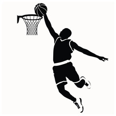 Silhouette of a basketball player performing a powerful slam dunk, dynamic action pose of an athlete jumping to score a goal © IllustraStock