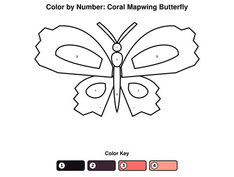 Coral Mapwing Butterfly Color by Number Worksheet for Kids, Printable Tropical Insect Coloring Activity, Educational Vector SVG
