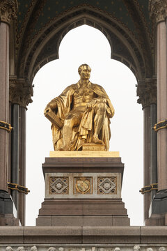 Prince Albert Memorial gilded statue beneath Gothic canopy in Kensington Gardens, London, UK