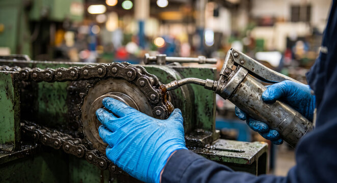 Industrial mechanic applying lubricant with grease gun to heavy metal chain drive in manufacturing plant.