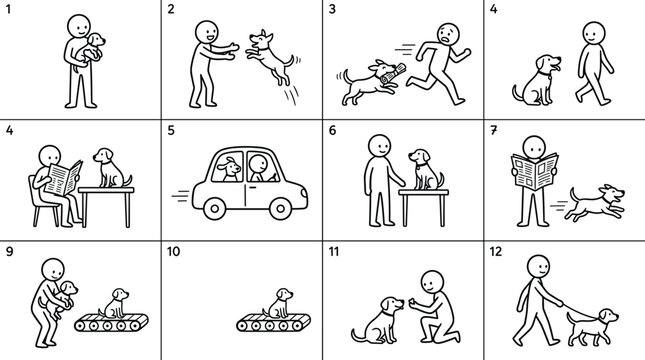 Dog training and puppy obedience stick figure icons set with various behavioral activities comic strip line art vector illustration