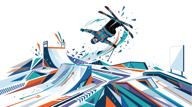 Professional skier performing an extreme freestyle jump in a modern snow park.