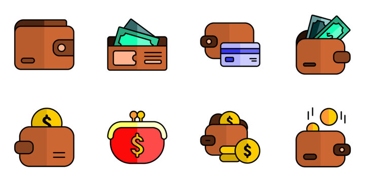 Pocket money wallet icon set collection featuring open, closed, cash, credit card, coins, dollar sign, coin overflow, fallen coins vector illustration