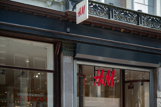 H&M store sign on a building facade in Amsterdam, Netherlands 05.05.2026