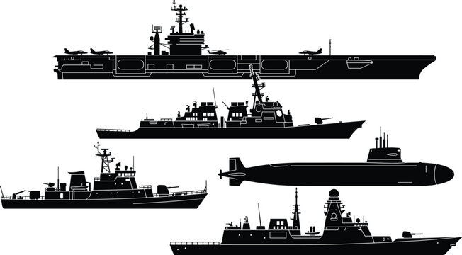 Naval military warships and submarine black silhouette icons set with aircraft carrier destroyer frigate navy fleet vector illustration