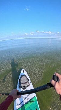 First person view from stand up paddle board over crystal clear sea near beach