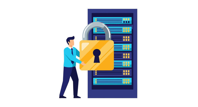 Cyber Security and Data Protection Concept: IT Professional Securing Server Rack with a Large Padlock. Network Safety and Information Privacy Illustration.