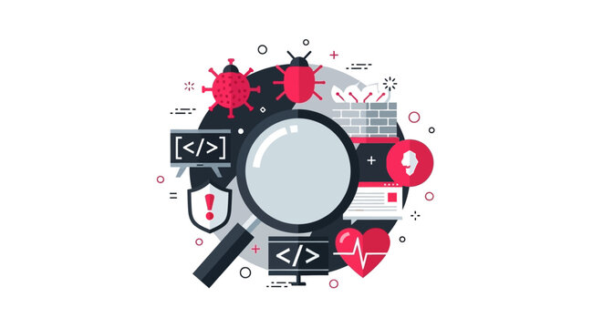 Cybersecurity and Software Bug Detection Concept Illustration with Magnifying Glass, Code Icons, and Firewall - Flat Vector Design for IT and Web Development