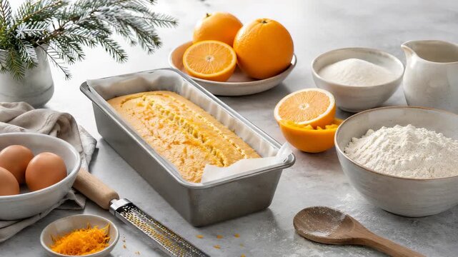 Baked orange loaf cake in baking tin surrounded by flour, eggs, and citrus zest. Culinary preparation for winter dessert with fresh fruit on rustic table