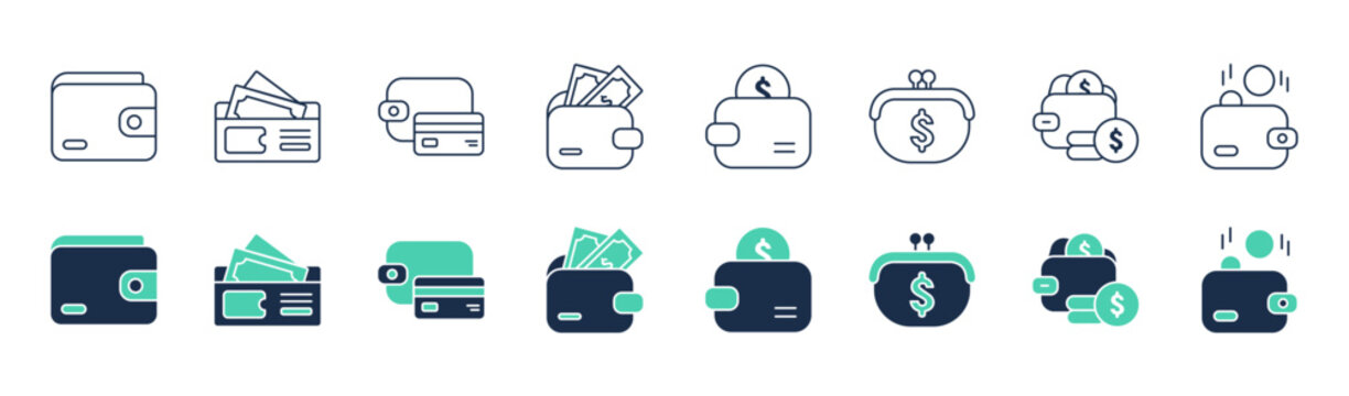 Wallet icon set collection featuring open, closed, cash bills, credit card, coins, dollar sign, coin spill, fallen coins personal finance vector illustration