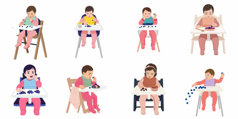 Fototapeta premium Collection of baby illustrations sitting in high chairs and eating blueberries, depicting infant self-feeding, weaning, and healthy snacking on a white background.