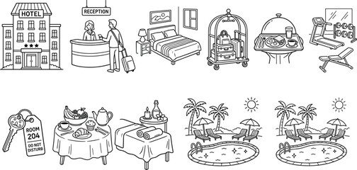 Hotel services and hospitality facilities outline icon set including reception room service luggage cart swimming pool and spa © Afroja