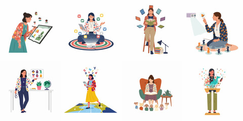 Fototapeta premium Vector Illustration Collection of Women Educators and Students Engaging in Innovative Digital Learning and Storytelling Activities.