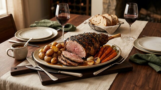 Roasted meat with vegetables on a dining table with wine glasses for a festive dinner. pierna cordero