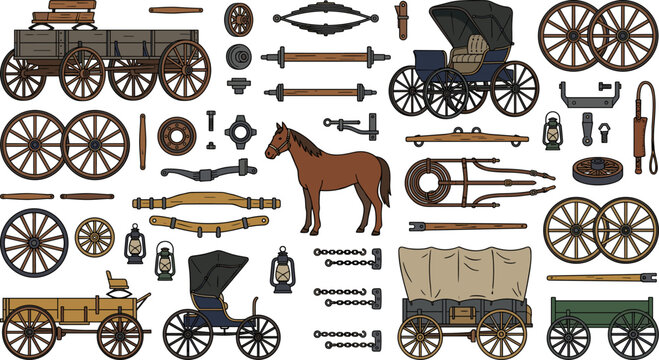 Wild West carriage construction vector kit featuring vintage wagon parts wheels horse stagecoach covered cart and lanterns isolated on white background