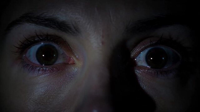 Scary eyes of a woman emerging from darkness. Close up of wide open eyes staring in fear. Cinematic horror expression for thriller movie or suspense concept