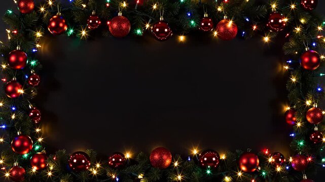 Christmas tree branch frame with twinkling lights and red ornaments. Festive holiday decor with glowing bokeh background for December greeting card or invitation, copy space
