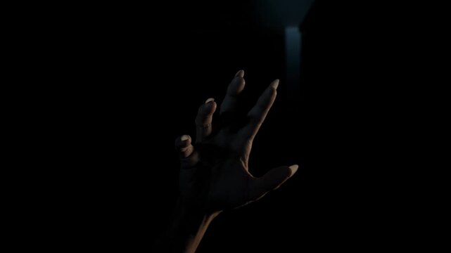 Pale hand reaching from dark room. Spooky claw emerging from shadows for horror movie scene. Eerie gesture in gloomy interior representing fear and mystery concept