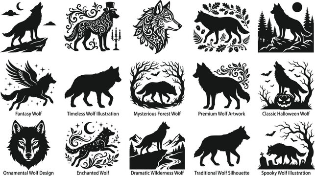 Halloween vector bundle diverse wolf illustrations for spooky designs t shirts and halloween themed graphics