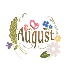 Obraz premium Hand-drawn August lettering with floral wreath and decorative summer flowers