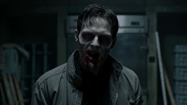 Scary man with zombie makeup turning head in dark building. Cinematic horror scene showing undead creature reacting in basement during Halloween night mystery film