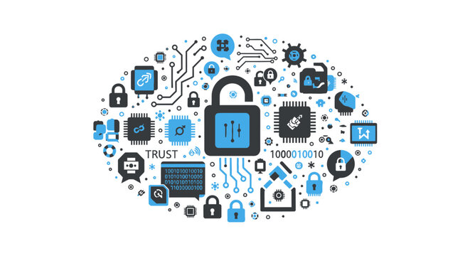 Cybersecurity and Data Protection Concept Illustration with Blue and Black Icons, Padlocks, Circuitry, and Binary Code on White Background