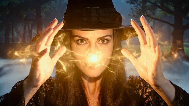 Woman dressed as witch casting magical spell with glowing energy in her hands. Fantasy sorceress performing ritual in dark forest for festive Halloween celebration