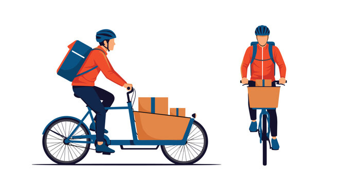 Professional delivery courier riding a blue cargo bicycle with cardboard boxes, shown in front and profile view.