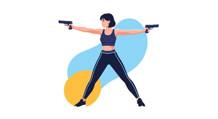 Fototapeta premium Strong female action character in athletic wear aiming two handguns in opposite directions against a dynamic blue background.