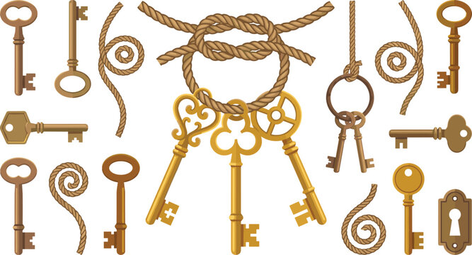 Vintage Key Collection with Golden Skeleton Keys Rope Knots Key Rings and Antique Lock Elements Vector Illustration