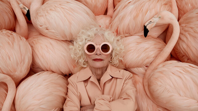 Modern older woman surrounded by flamingos. Peach colors