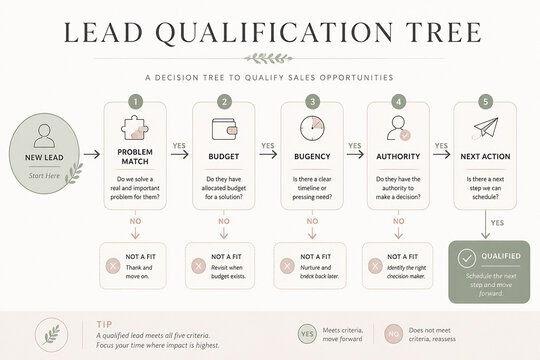 A lead qualification tree diagram illustrates a decision process to qualify sales opportunities.