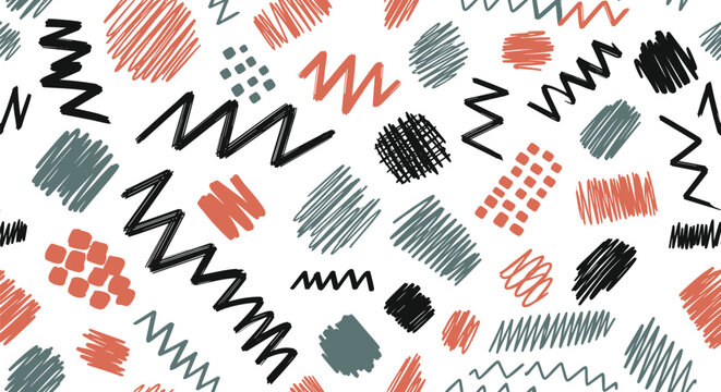 Seamless pattern of abstract hand drawn scribbles, organic shapes, and zigzags in modern color palette on white background.