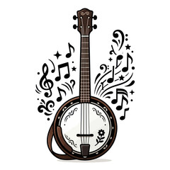 Acoustic banjo illustration with musical notes. © agtha