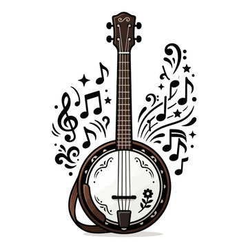 Acoustic banjo illustration with musical notes.