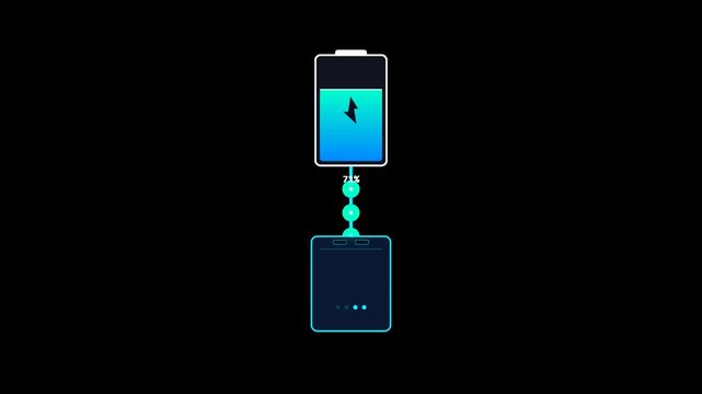 Minimalist low battery indicator symbol showing power status with a blue charging connection element on a simple black background for interface design