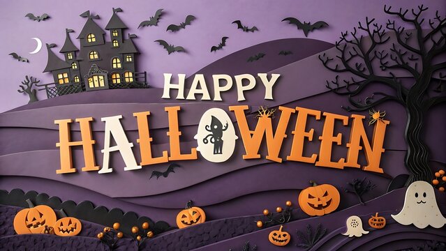 Happy Halloween Illustration Featuring Spooky Decorations And Haunted House Scene