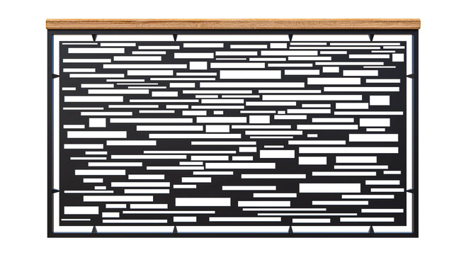 Black decorative metal railing with wooden handrail showing modern laser cut geometric pattern for high end architectural balcony and terrace projects.
