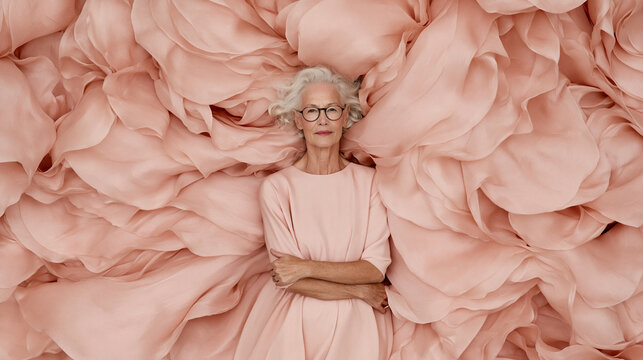 Elegant senior woman in pink dress posing gracefully. Mature female model showcasing timeless beauty and sophistication in soft floral setting