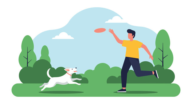 Active young man playing frisbee with his happy white dog in a green public park on a sunny day with trees and clouds.