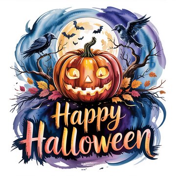 Happy Halloween Jack O Lantern With Spooky Birds And Autumn Leaves Illustration
