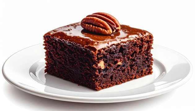 Rich Dense Chocolate Cake Square with Glaze and Pecan on Plate