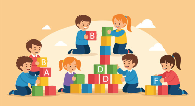Group of happy young kids sitting on the floor and building a tall tower together using colorful alphabet blocks in a room.