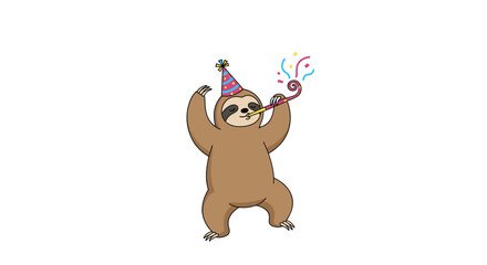 Obraz premium Cute cartoon sloth wearing a colorful striped party hat and blowing a horn to celebrate a birthday on a white background.