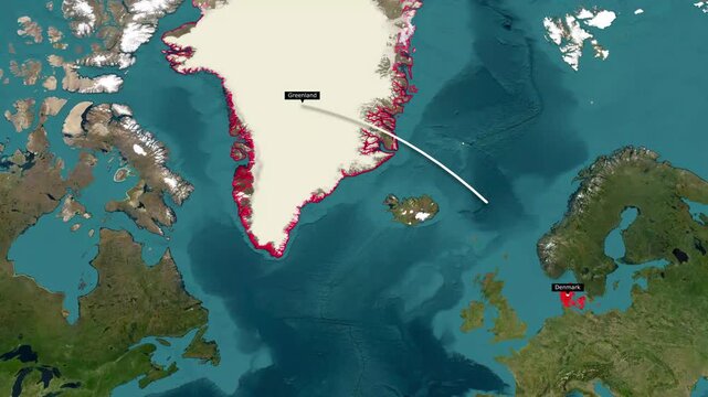 Greenland to Denmark Route Map Animation, Glowing Connection Line on Dark World Map, Global Network Background 4K