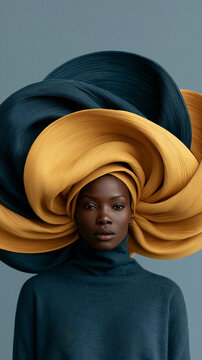 African woman wearing oversized sculptural hat. Stylish female model showcasing bold avant-garde headwear for fashion editorials.