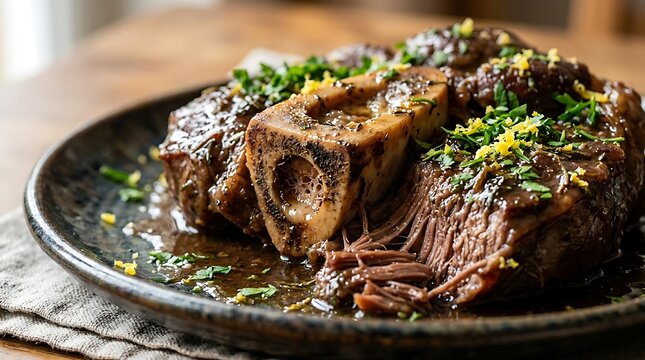 Roasted beef bone marrow with fresh herbs served on a dark plate. veal osso bucco